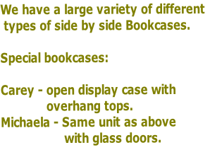 We have a large variety of different
 types of side by side Bookcases. 

Special bookcases:

Carey - open display case with 
													overhang tops.
Michaela - Same unit as above 
																		with glass doors.
